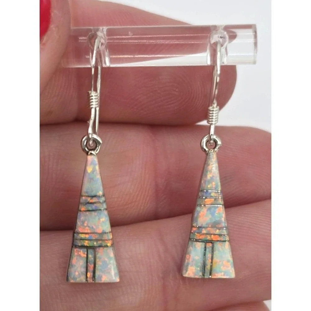 Fire Opal Dangle Earrings Sterling Silver Inlays Triangles Handmade 18.7mm NEW